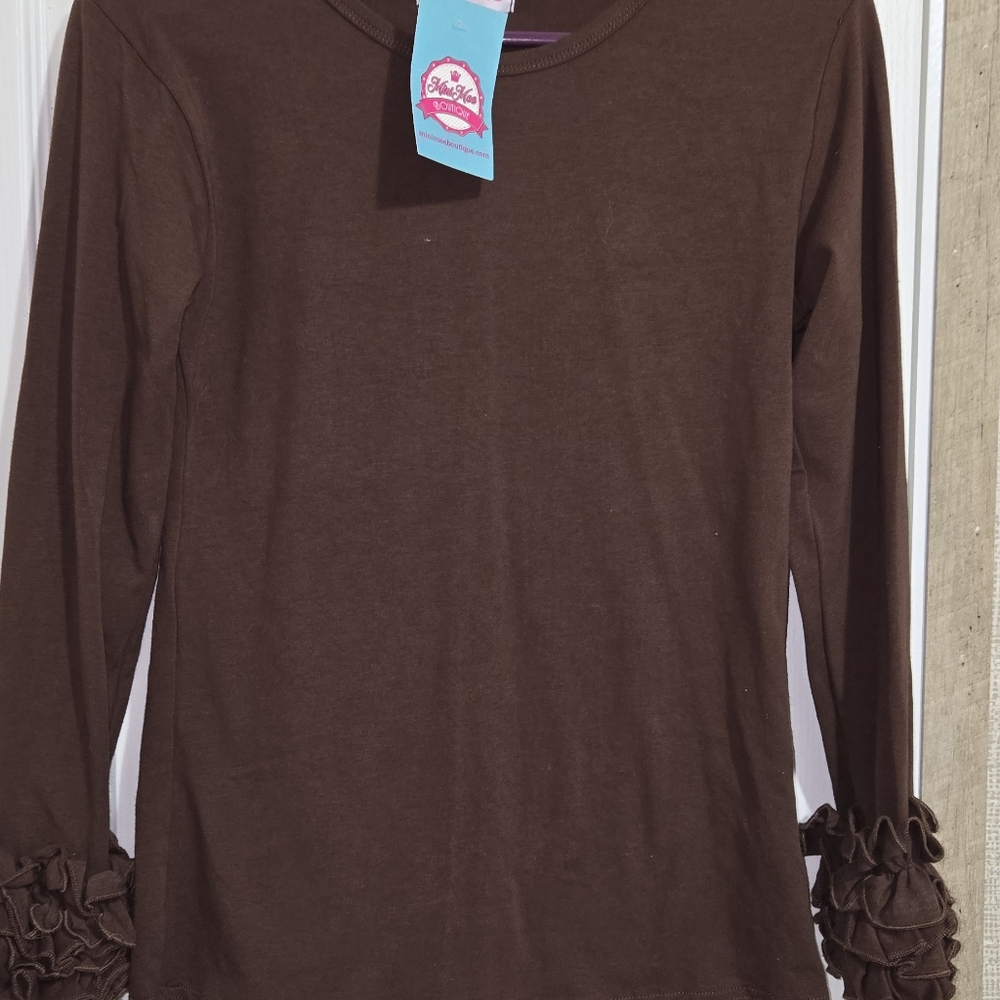 Brown Long Sleeve Top with Ruffle Cuffs
